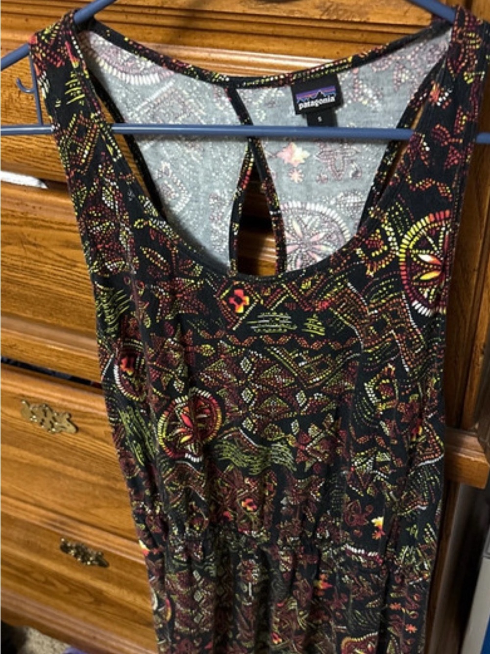 Patagonia Women's Black Tank Dress with Multicolor Floral-Geo Print